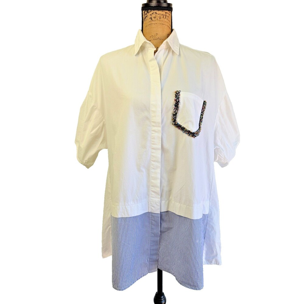 Zara Basic White Oversized Beaded Pocket Blue Stripe High Low Tunic Shirt Sz S